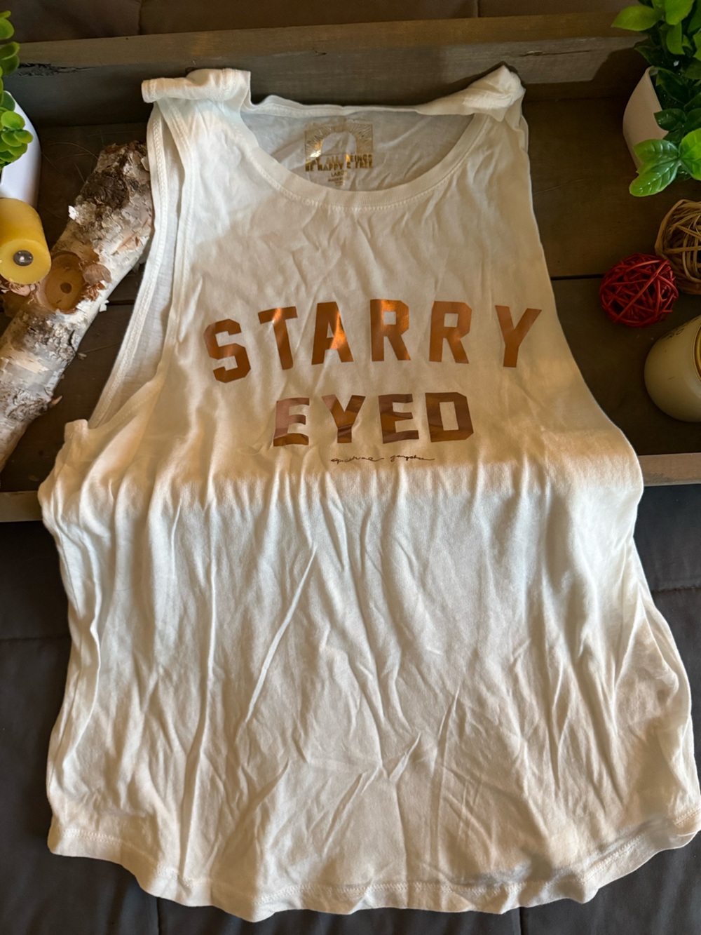 Spiritual Gangster Cream Muscle Tank with Metallic Gold 'STARRY EYED' Graphic